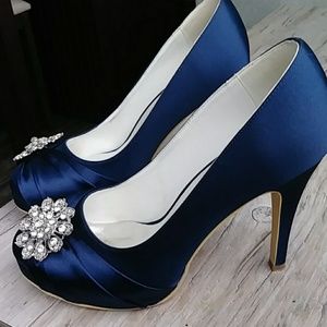 Womens Navy Platform Jeweled Heels